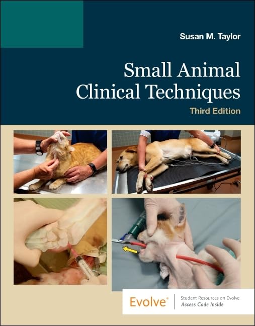 Book cover: “Small Animal Clinical Techniques” with veterinary procedure images.