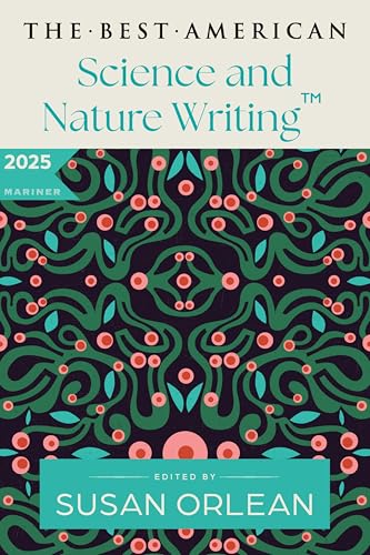 Book cover with teal text and a dark floral pattern.