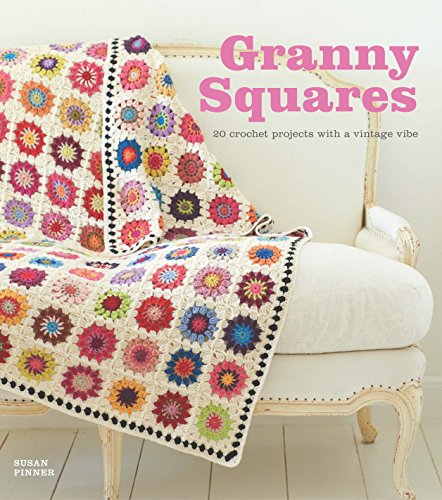 Book cover featuring a colorful, crocheted granny square blanket draped on a chair.