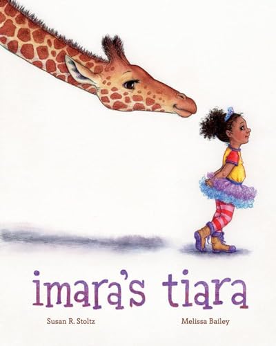 Giraffe nuzzles a young girl in a tutu wearing a tiara.