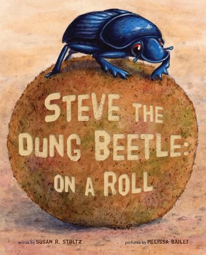 Blue dung beetle pushing a large brown ball of dung, book cover.