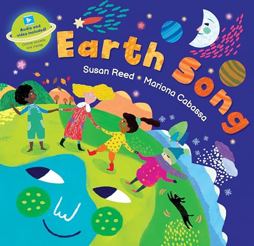 Children holding hands on a colorful, illustrated Earth with planets.