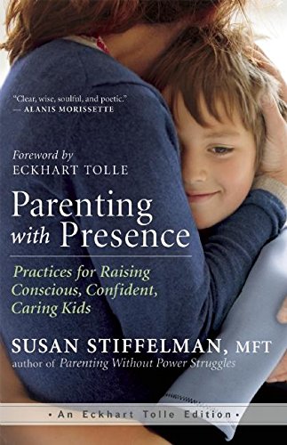 Book cover: parent embracing child, title "Parenting with Presence.