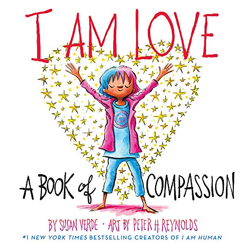 Child with arms raised inside a heart of yellow stars.