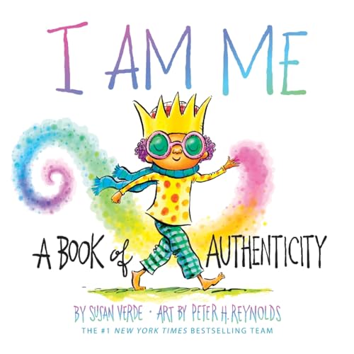 Child with crown and colorful swirls, book cover titled "I Am Me".