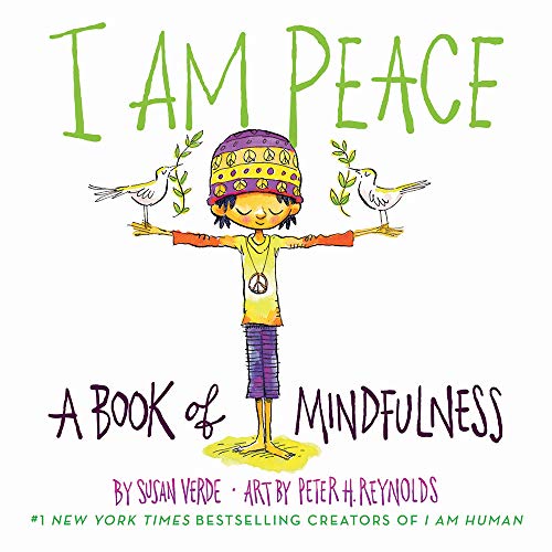 Child with outstretched arms, birds, and peace symbols on a book cover.