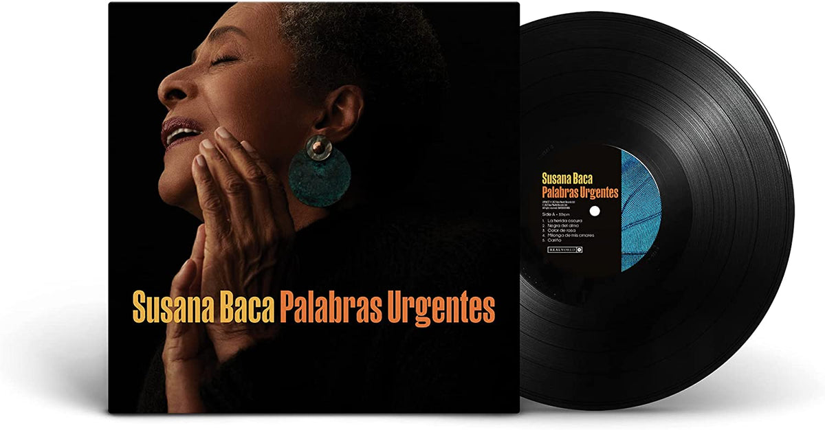 Album cover with a woman touching her face, text "Susana Baca Palabras Urgentes" below.