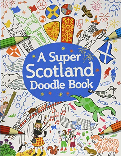 A doodle book cover featuring Scottish icons, a central blue oval, and colored pencils.