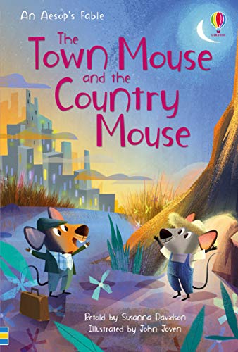 Book cover: two mice facing each other, town and countryside background.
