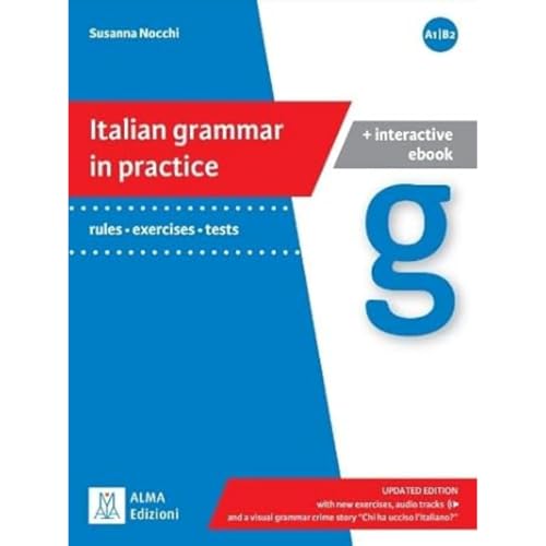 Blue and red Italian grammar textbook with a cursive “g” design.