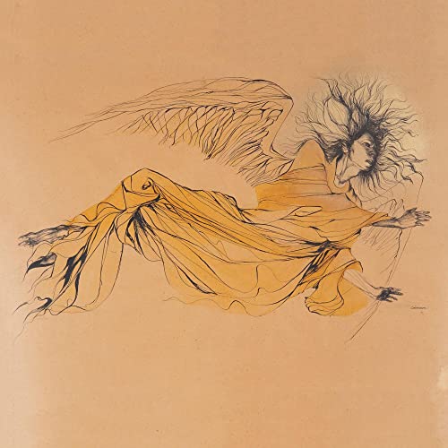 Line drawing of a winged figure in flowing robes, CD cover.