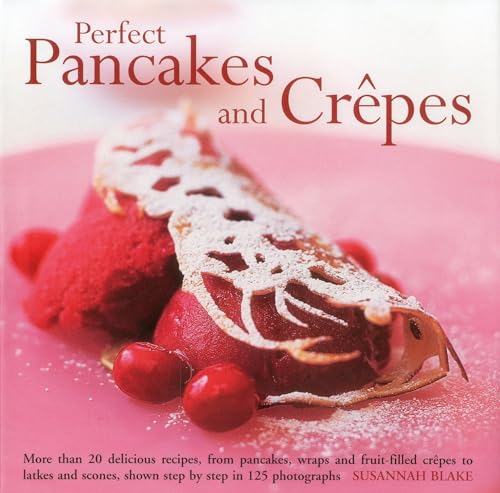 Cookbook cover featuring a stack of crepes with powdered sugar and raspberries.