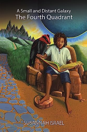 Boy reading with a red-capped bird in a fantastical landscape.