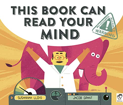 Book cover with illustrated man, pink elephant, and warning sign.