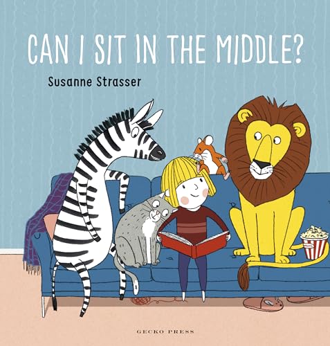 Children’s book cover with a girl reading, surrounded by animals on a sofa.