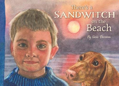 Boy and dachshund dog on a beach at sunset, book cover.