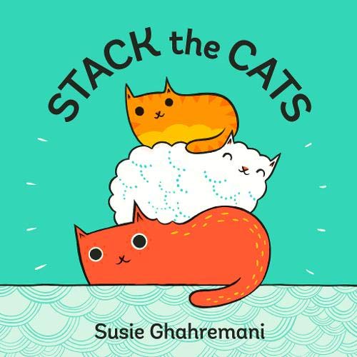 Three cartoon cats stacked vertically on a teal background with the title text above.