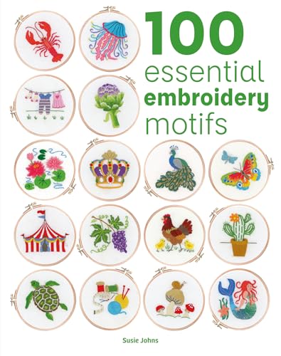 Book cover displaying colorful embroidered designs in hoops, titled "100 essential embroidery motifs".