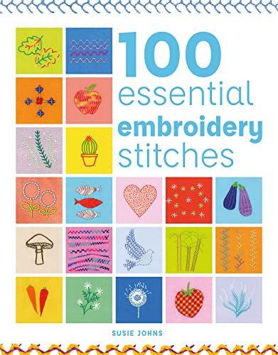 Book cover with colorful embroidery stitch examples and title text.