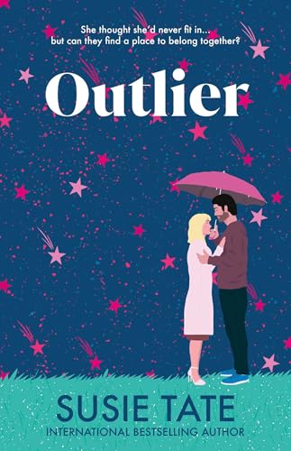 A couple stands under a pink umbrella against a dark blue starry night sky.