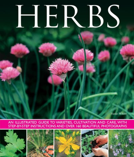Book cover featuring pink chive blossoms and herb cultivation details.