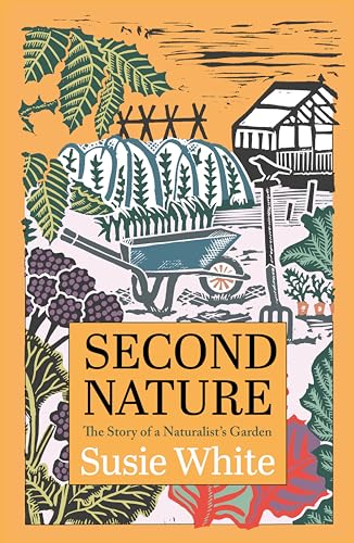 Book cover featuring a woodcut-style illustration of a garden with a wheelbarrow and greenhouse.