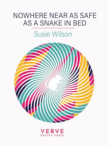 Book cover with swirling colorful lines and title: "Nowhere Near As Safe As A Snake In Bed".