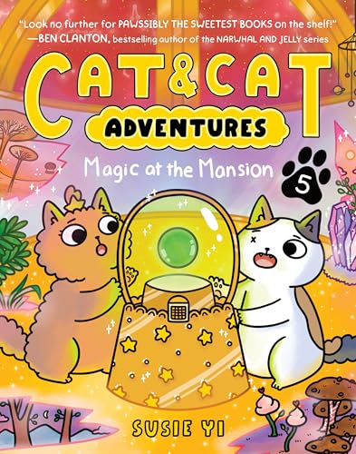 Two cartoon cats with a glowing crystal ball in a magical setting.