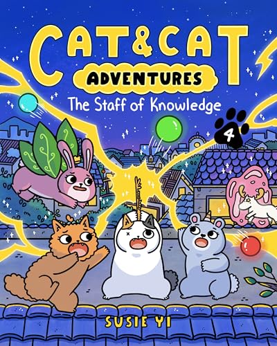 Book cover showing cartoon cats and a rabbit with magical energy on a roof.