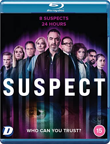 Blu-ray cover for Suspect featuring a cast of eight people over a purple background.