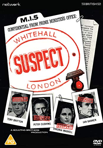 “Suspect” DVD cover with red stamped text, photos, and a gun illustration.