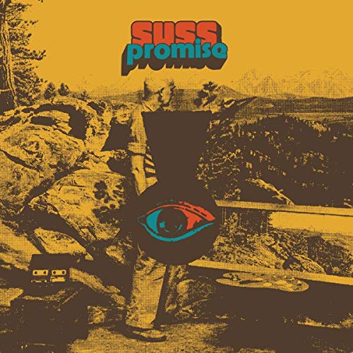 "Album cover with a man standing, eye on his back, against a rocky landscape."