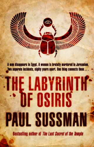 Book cover: red scarab beetle with wings, title "The Labyrinth of Osiris".