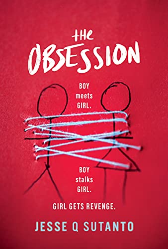 Book cover: “The Obsession” with stick figures connected by blue string.