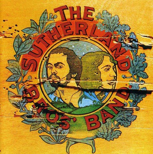 "Vintage album cover with two men's portraits surrounded by leaves and red text."