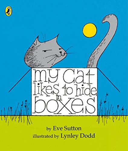 Book cover: grey cat with curled tail peeking from a box.