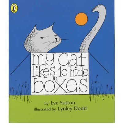 The image depicts a children's book cover featuring a white cat hiding in a box. Alt text: White cat hiding in a box on a blue and green background.