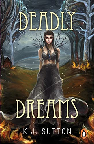 Book cover showing a woman with dark hair standing in a forest with fire.