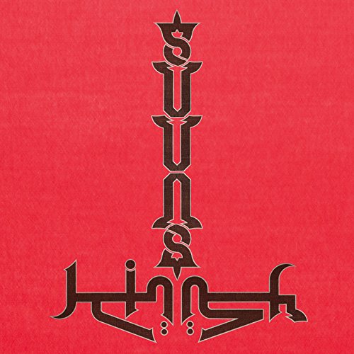 Red album cover with vertically stacked, stylized “SUUNS” and script text.