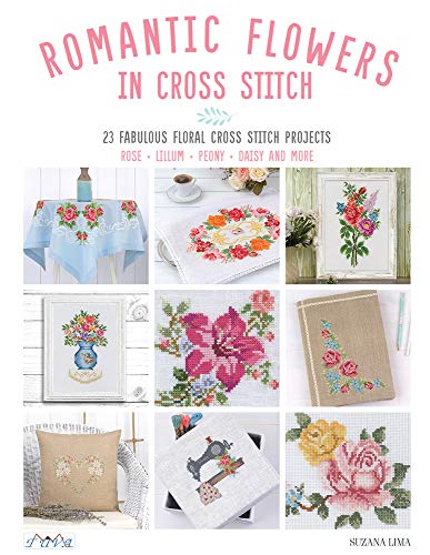 Book cover displaying colorful floral cross-stitch designs and finished projects.