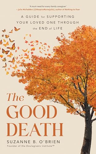 Book cover with autumn tree and butterflies, titled “The Good Death.”