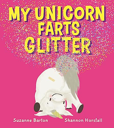 Book cover with a white unicorn and colorful glitter on pink background.