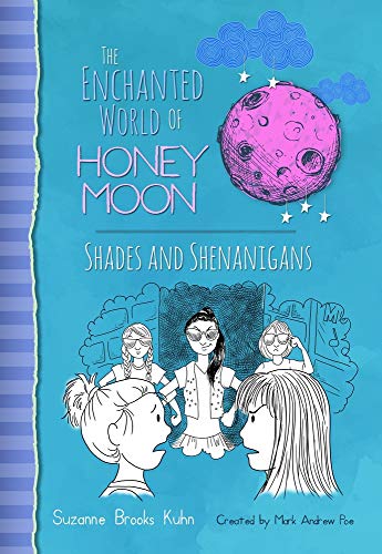Book cover with a pink moon, blue background, and line-art illustrations of five girls.