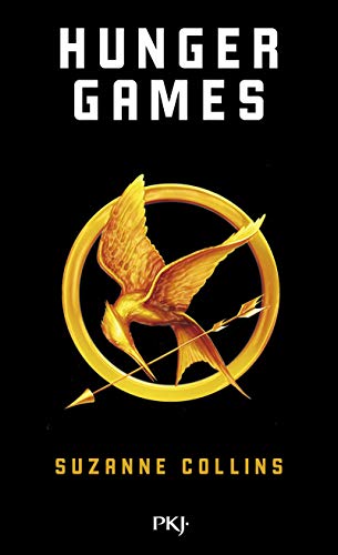 Book cover for The Hunger Games featuring a golden mockingjay pin on black background.