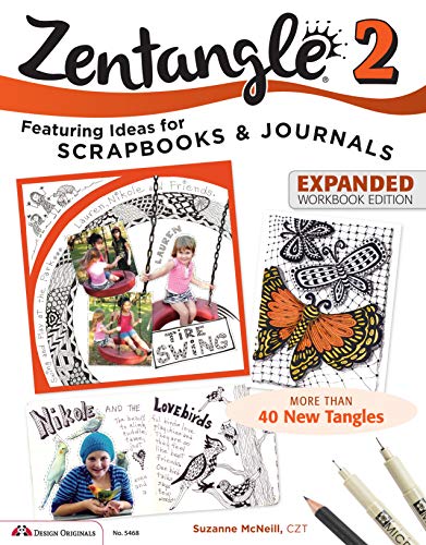 Zentangle 2 workbook cover with patterned art, photos, and drawing tools.