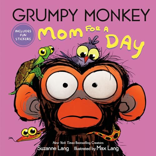 Book cover featuring a grumpy monkey with a turtle, bird, and snake on him.