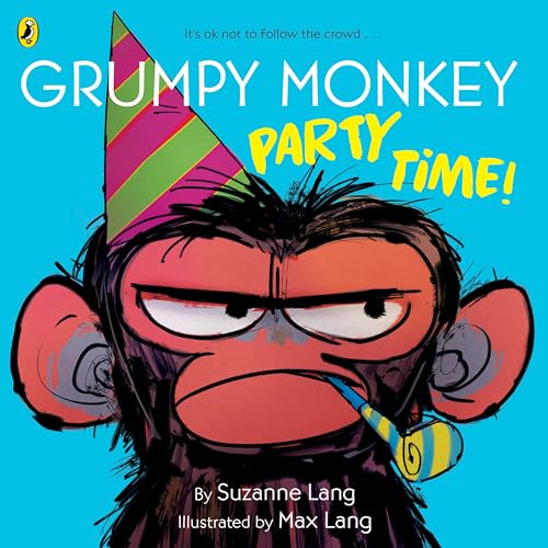 Red monkey with a party hat and horn looks grumpy.