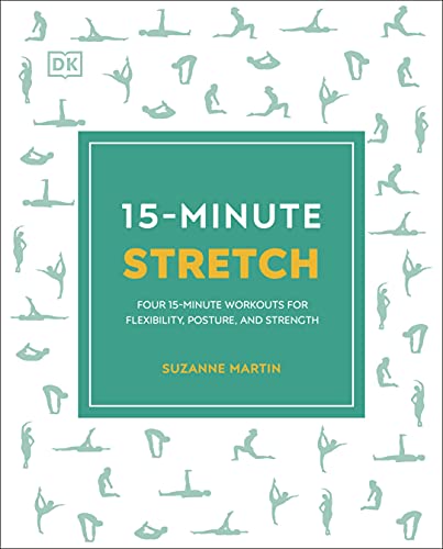 Book cover with teal rectangle displaying "15-MINUTE STRETCH" and stick figure poses.