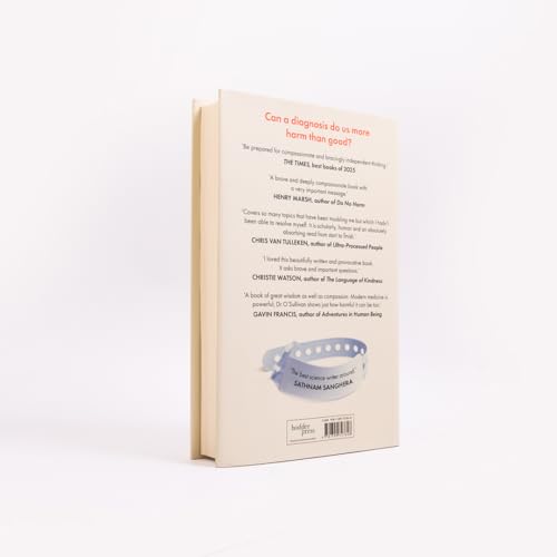 Book back cover with a blue wristband image and text excerpts.
