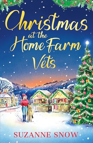 Book cover: woman with donkey, Christmas market, and decorated tree.